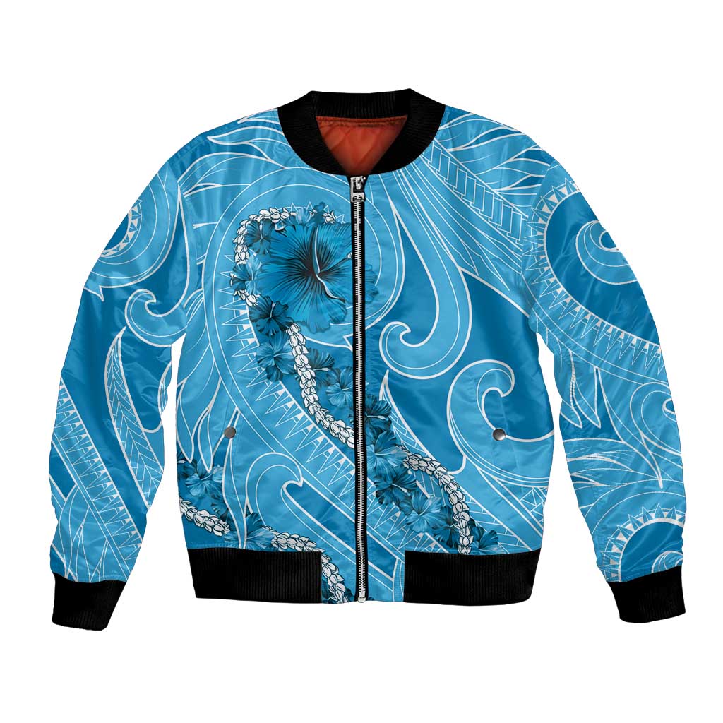 Hawaii Blue Hibiscus Pikake Lei Bomber Jacket - Polynesian Pride