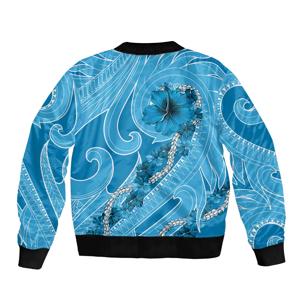 Hawaii Blue Hibiscus Pikake Lei Bomber Jacket - Polynesian Pride