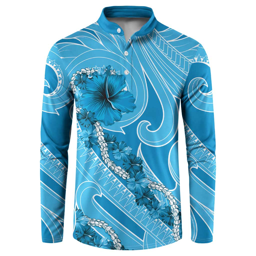 Hawaii Blue Hibiscus Pikake Lei Button Sweatshirt LT05 Blue - Polynesian Pride
