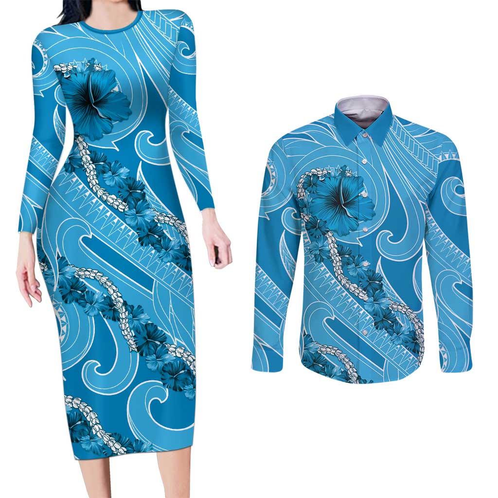 Hawaii Blue Hibiscus Pikake Lei Couples Matching Long Sleeve Bodycon Dress and Long Sleeve Button Shirt LT05 Blue - Polynesian Pride