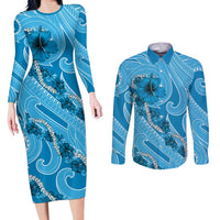 Hawaii Blue Hibiscus Pikake Lei Couples Matching Long Sleeve Bodycon Dress and Long Sleeve Button Shirt LT05 Blue - Polynesian Pride