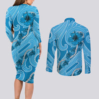 Hawaii Blue Hibiscus Pikake Lei Couples Matching Long Sleeve Bodycon Dress and Long Sleeve Button Shirt LT05 - Polynesian Pride