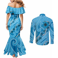Hawaii Blue Hibiscus Pikake Lei Couples Matching Mermaid Dress and Long Sleeve Button Shirt LT05 - Polynesian Pride