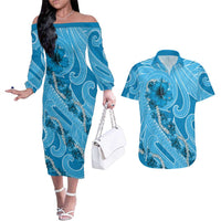 Hawaii Blue Hibiscus Pikake Lei Couples Matching Off The Shoulder Long Sleeve Dress and Hawaiian Shirt - Polynesian Pride