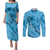 Hawaii Blue Hibiscus Pikake Lei Couples Matching Puletasi and Long Sleeve Button Shirt LT05 Blue - Polynesian Pride