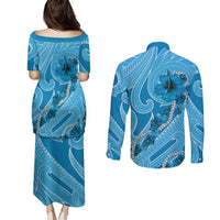 Hawaii Blue Hibiscus Pikake Lei Couples Matching Puletasi and Long Sleeve Button Shirt LT05 - Polynesian Pride