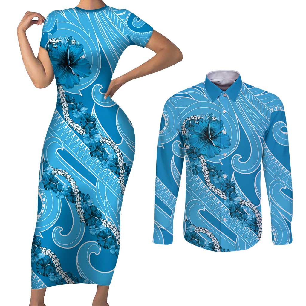 Hawaii Blue Hibiscus Pikake Lei Couples Matching Short Sleeve Bodycon Dress and Long Sleeve Button Shirt LT05 Blue - Polynesian Pride