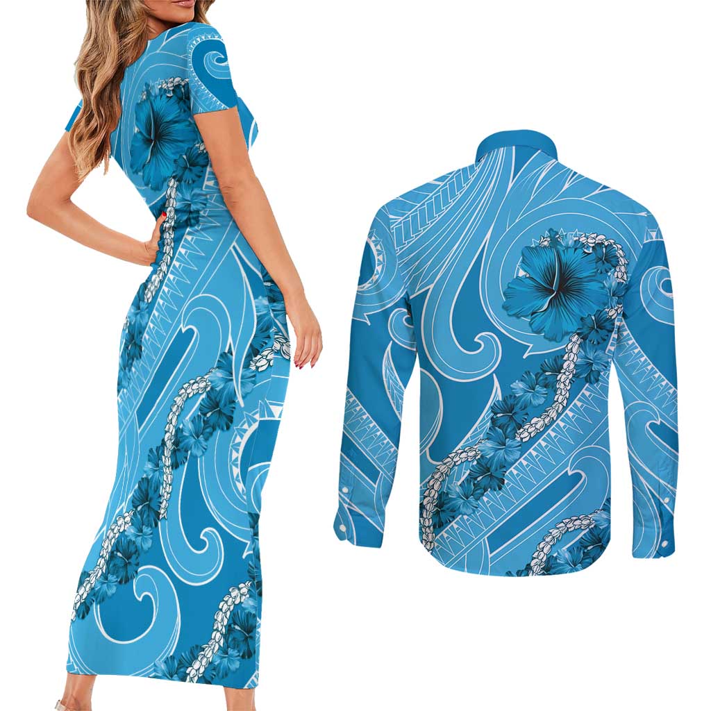 Hawaii Blue Hibiscus Pikake Lei Couples Matching Short Sleeve Bodycon Dress and Long Sleeve Button Shirt LT05 - Polynesian Pride