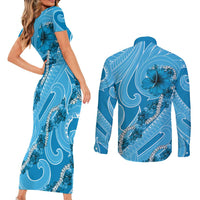 Hawaii Blue Hibiscus Pikake Lei Couples Matching Short Sleeve Bodycon Dress and Long Sleeve Button Shirt LT05 - Polynesian Pride