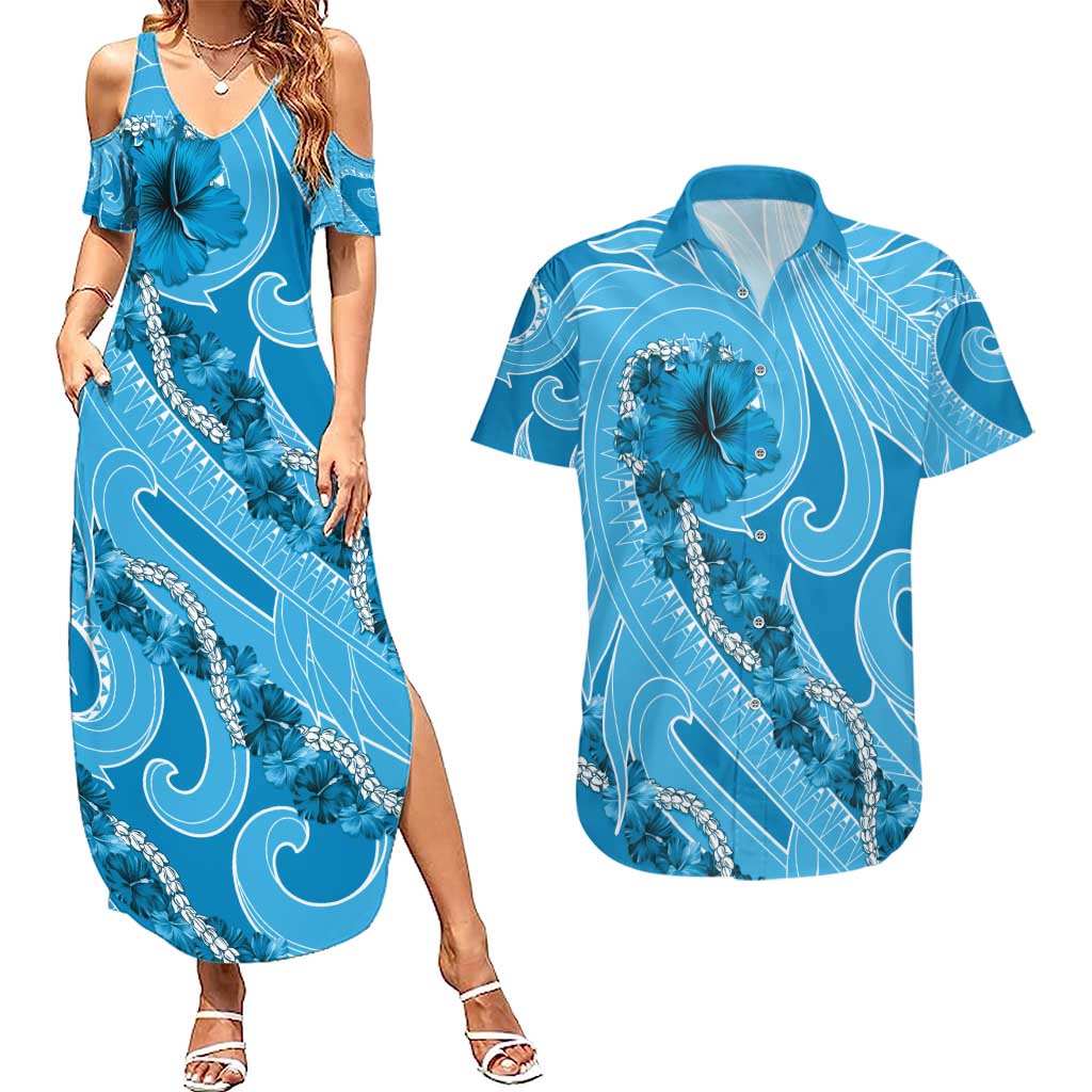 Hawaii Blue Hibiscus Pikake Lei Couples Matching Summer Maxi Dress and Hawaiian Shirt - Polynesian Pride