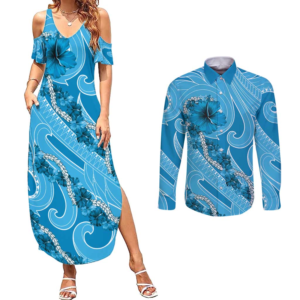 Hawaii Blue Hibiscus Pikake Lei Couples Matching Summer Maxi Dress and Long Sleeve Button Shirt LT05 Blue - Polynesian Pride