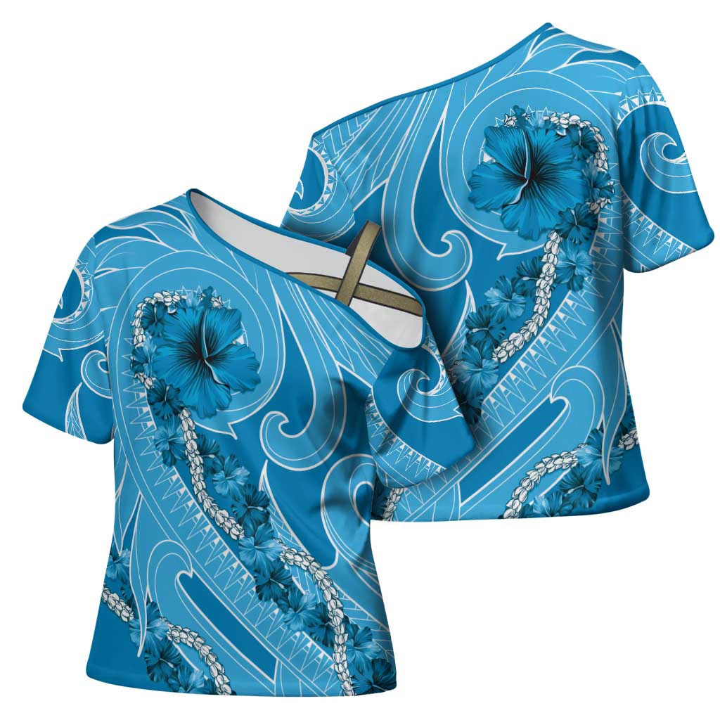 Hawaii Blue Hibiscus Pikake Lei Cross Shoulder Shirt - Polynesian Pride