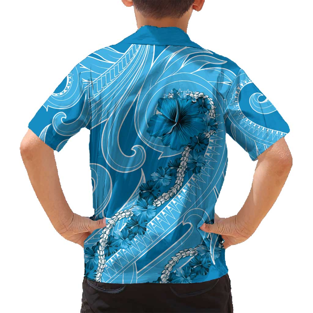Hawaii Blue Hibiscus Pikake Lei Family Matching Long Sleeve Bodycon Dress and Hawaiian Shirt - Polynesian Pride