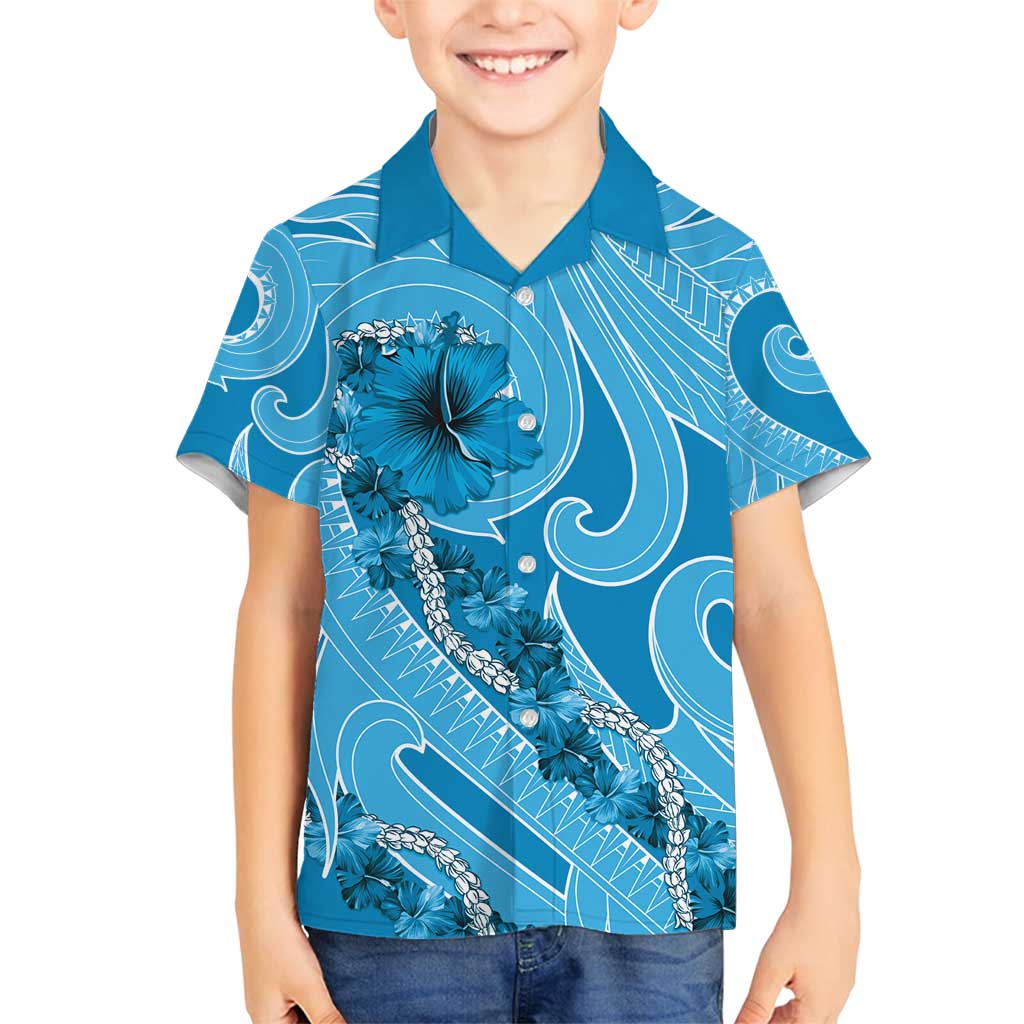 Hawaii Blue Hibiscus Pikake Lei Family Matching Long Sleeve Bodycon Dress and Hawaiian Shirt - Polynesian Pride