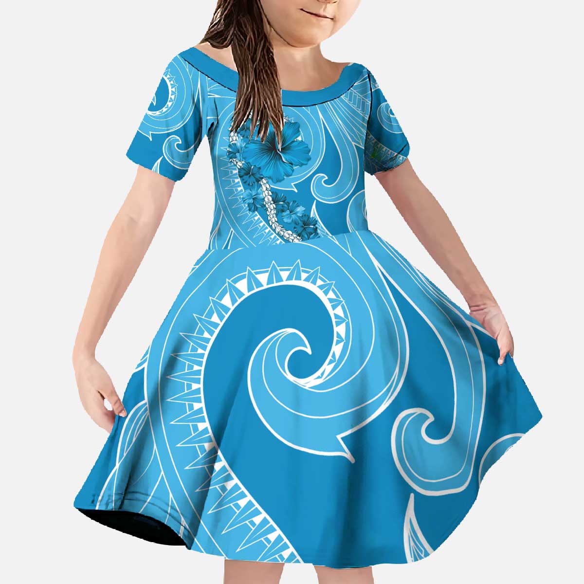 Hawaii Blue Hibiscus Pikake Lei Family Matching Off The Shoulder Long Sleeve Dress and Hawaiian Shirt - Polynesian Pride
