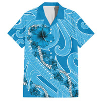 Hawaii Blue Hibiscus Pikake Lei Family Matching Off The Shoulder Long Sleeve Dress and Hawaiian Shirt - Polynesian Pride
