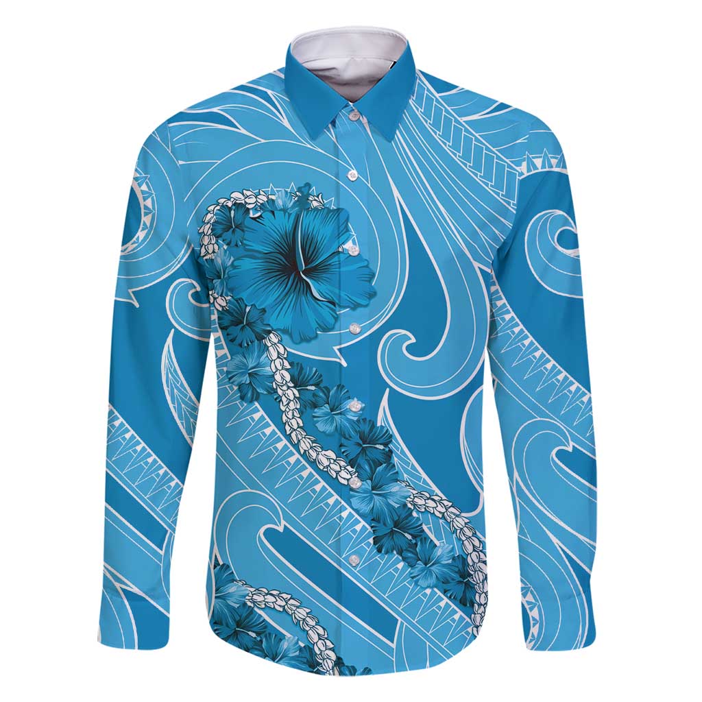 Hawaii Blue Hibiscus Pikake Lei Family Matching Off Shoulder Maxi Dress and Hawaiian Shirt LT05 Dad's Shirt - Long Sleeve Blue - Polynesian Pride