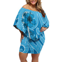 Hawaii Blue Hibiscus Pikake Lei Family Matching Off Shoulder Short Dress and Hawaiian Shirt LT05 Mom's Dress Blue - Polynesian Pride