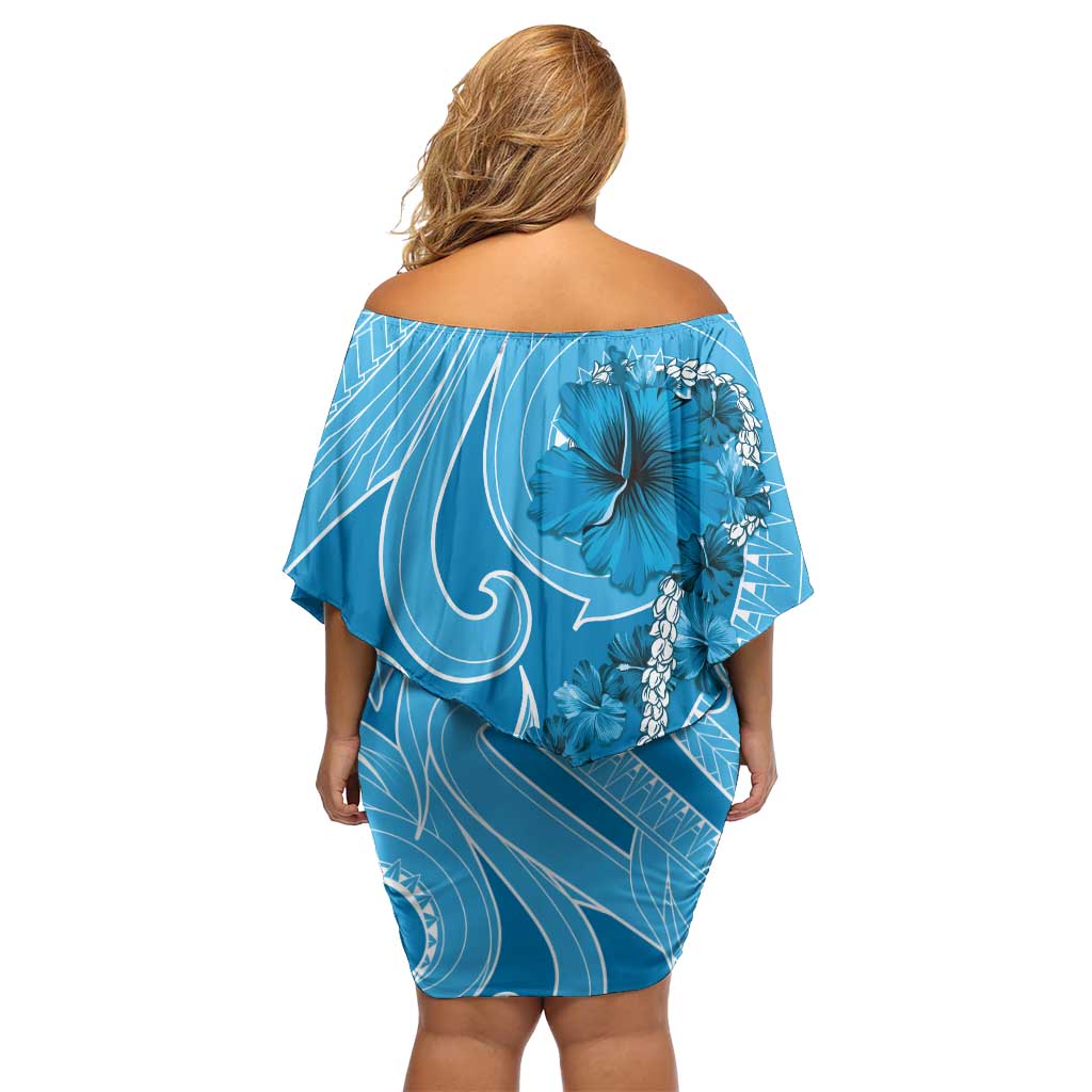 Hawaii Blue Hibiscus Pikake Lei Family Matching Off Shoulder Short Dress and Hawaiian Shirt LT05 - Polynesian Pride