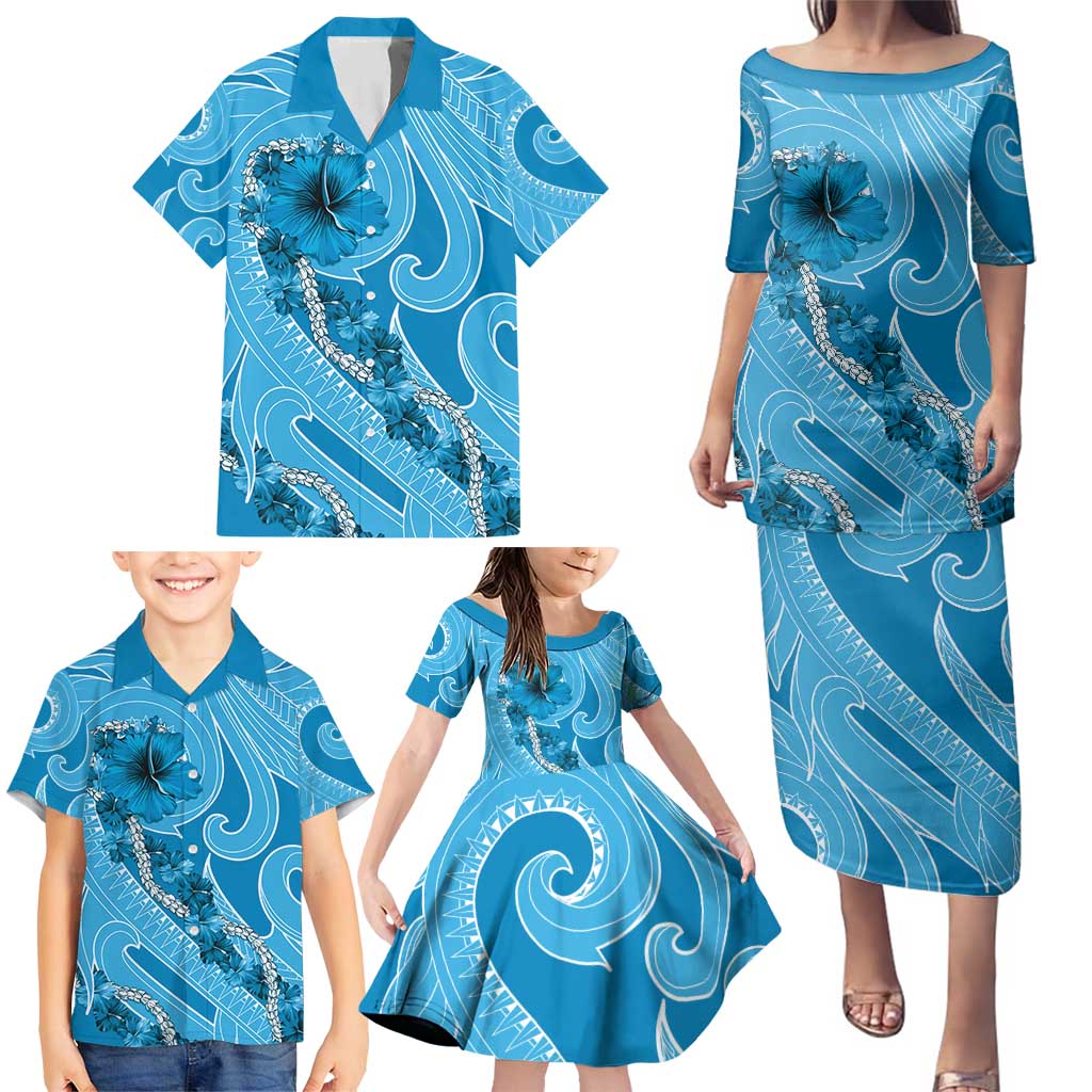 Hawaii Blue Hibiscus Pikake Lei Family Matching Puletasi and Hawaiian Shirt LT05 - Polynesian Pride