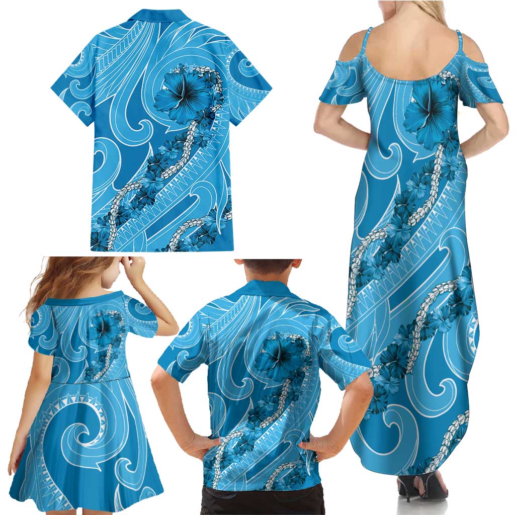 Hawaii Blue Hibiscus Pikake Lei Family Matching Summer Maxi Dress and Hawaiian Shirt - Polynesian Pride