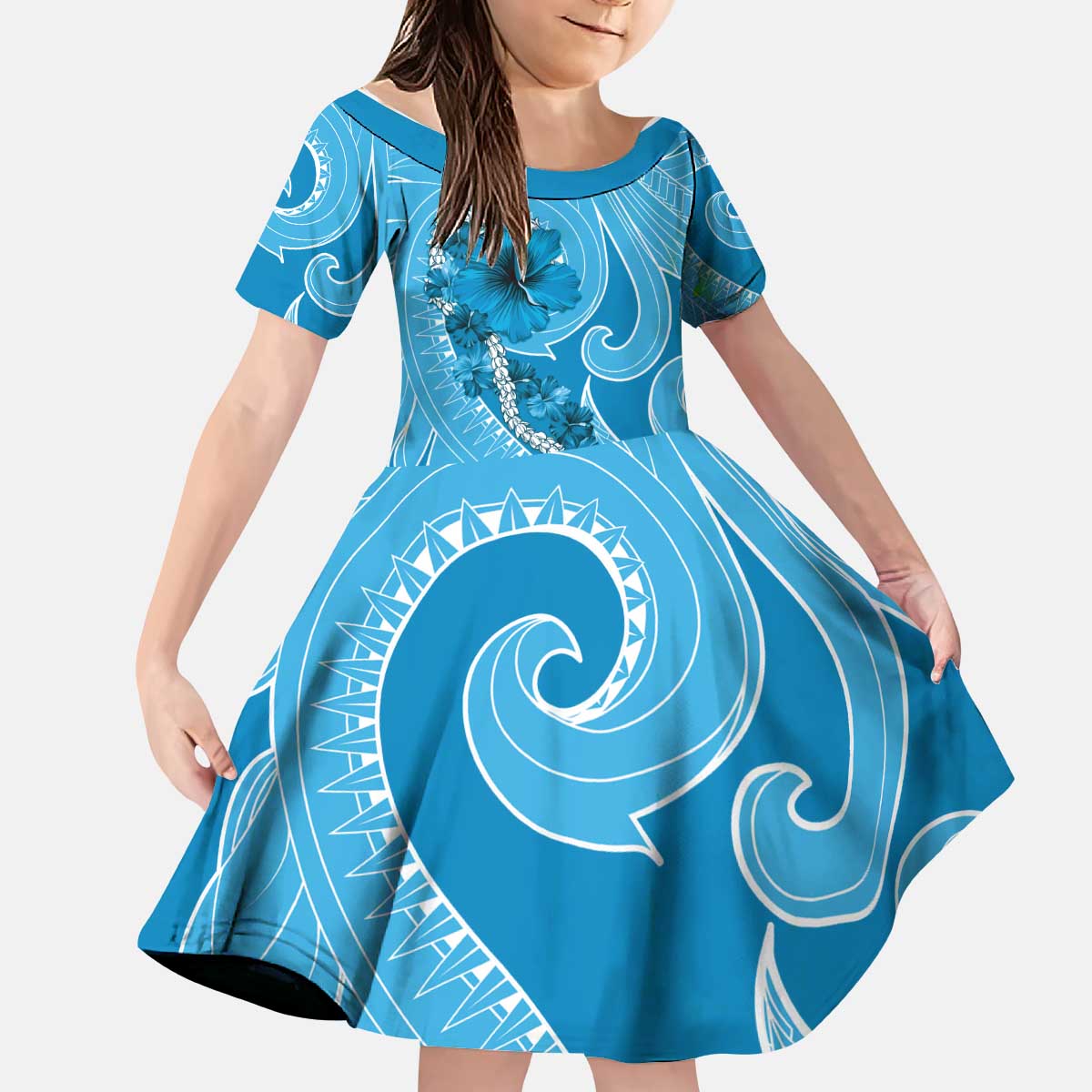 Hawaii Blue Hibiscus Pikake Lei Kid Short Sleeve Dress - Polynesian Pride