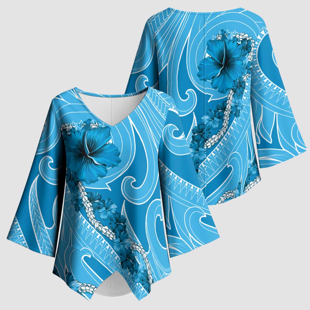 Hawaii Blue Hibiscus Pikake Lei Kimono Sleeve Blouse - Polynesian Pride
