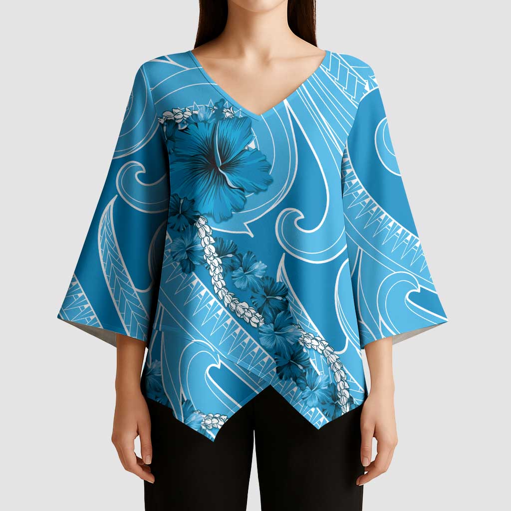 Hawaii Blue Hibiscus Pikake Lei Kimono Sleeve Blouse - Polynesian Pride