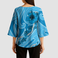 Hawaii Blue Hibiscus Pikake Lei Kimono Sleeve Blouse - Polynesian Pride