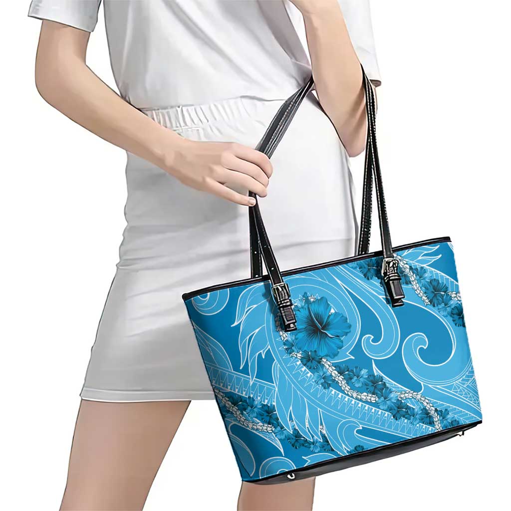Hawaii Blue Hibiscus Pikake Lei Leather Tote Bag - Polynesian Pride