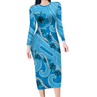 Hawaii Blue Hibiscus Pikake Lei Long Sleeve Bodycon Dress - Polynesian Pride