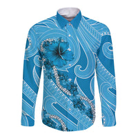 Hawaii Blue Hibiscus Pikake Lei Long Sleeve Button Shirt - Polynesian Pride