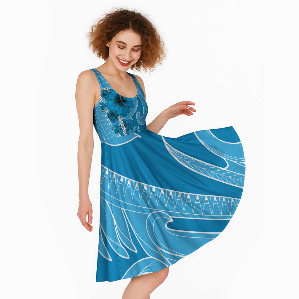 Hawaii Blue Hibiscus Pikake Lei Midi Dress - Polynesian Pride