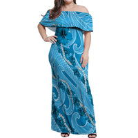 Hawaii Blue Hibiscus Pikake Lei Off Shoulder Maxi Dress - Polynesian Pride