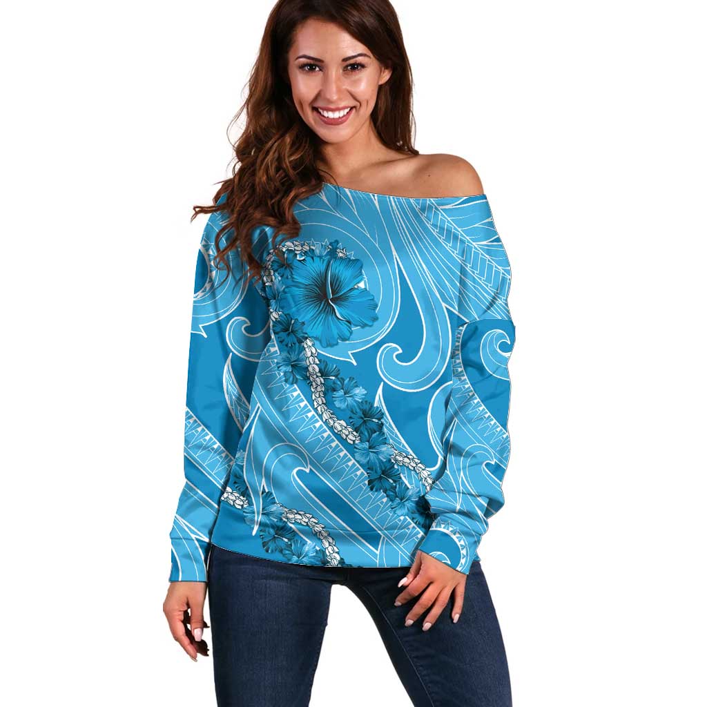 Hawaii Blue Hibiscus Pikake Lei Off Shoulder Sweater - Polynesian Pride