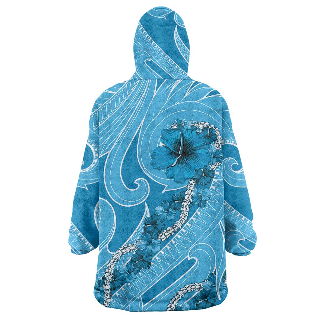 Hawaii Blue Hibiscus Pikake Lei Wearable Blanket Hoodie - Polynesian Pride