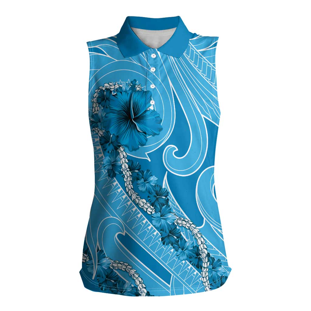 Hawaii Blue Hibiscus Pikake Lei Women Sleeveless Polo Shirt - Polynesian Pride
