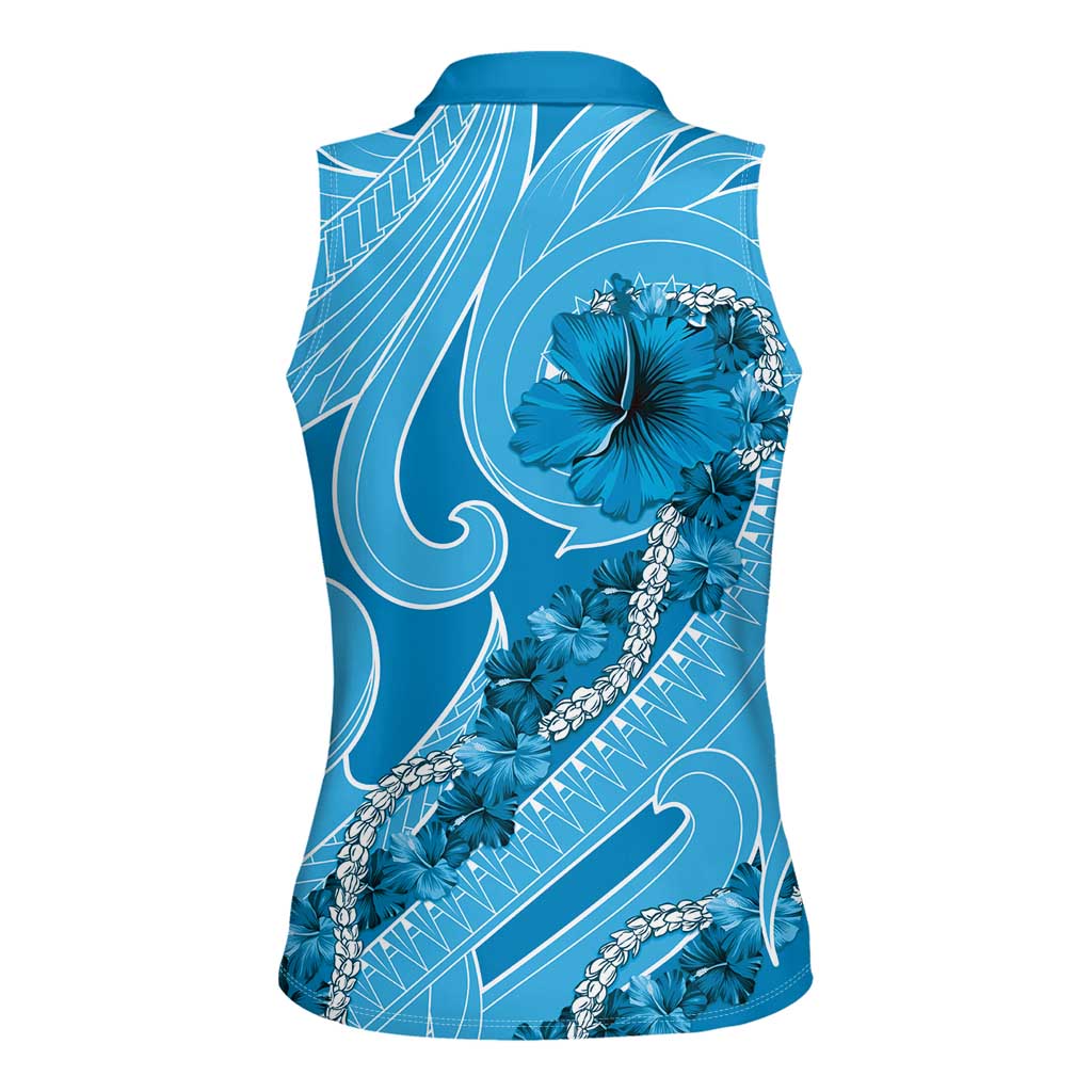 Hawaii Blue Hibiscus Pikake Lei Women Sleeveless Polo Shirt - Polynesian Pride