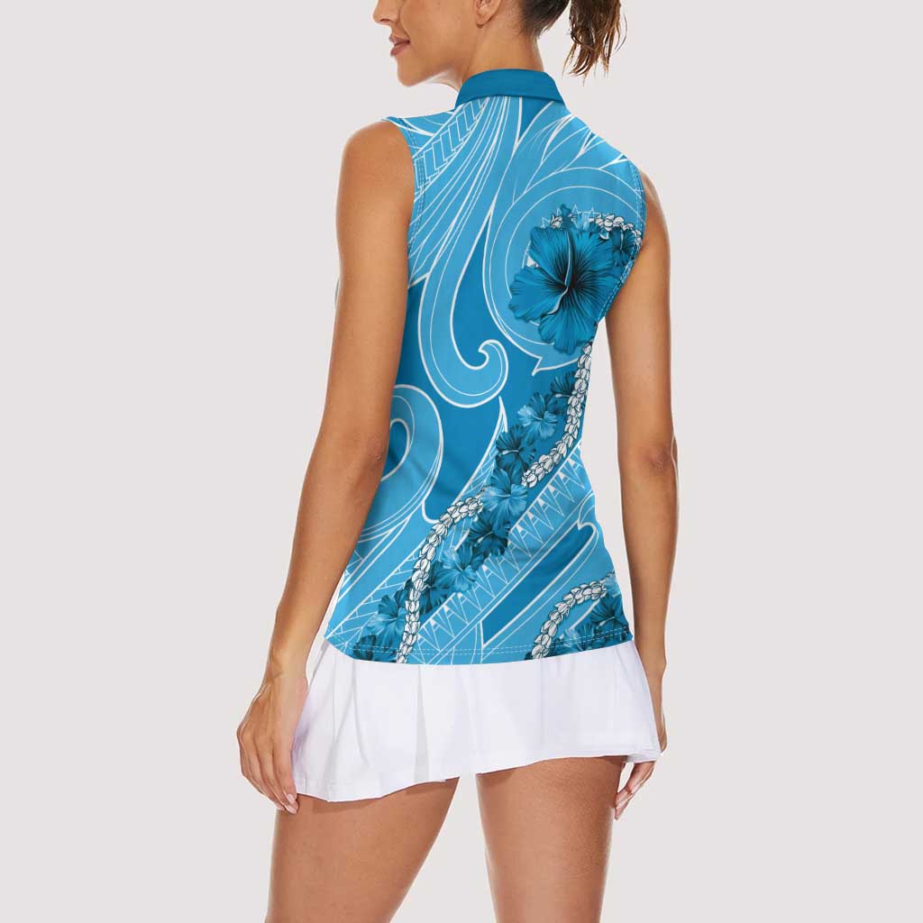 Hawaii Blue Hibiscus Pikake Lei Women Sleeveless Polo Shirt - Polynesian Pride