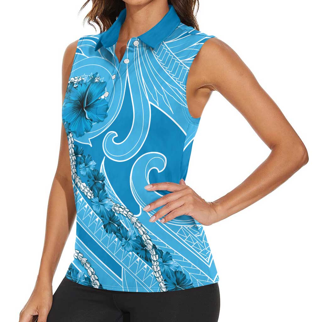 Hawaii Blue Hibiscus Pikake Lei Women Sleeveless Polo Shirt - Polynesian Pride