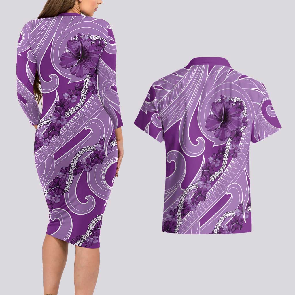 Hawaii Violet Hibiscus Pikake Lei Couples Matching Long Sleeve Bodycon Dress and Hawaiian Shirt - Polynesian Pride