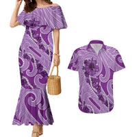 Hawaii Violet Hibiscus Pikake Lei Couples Matching Mermaid Dress and Hawaiian Shirt - Polynesian Pride