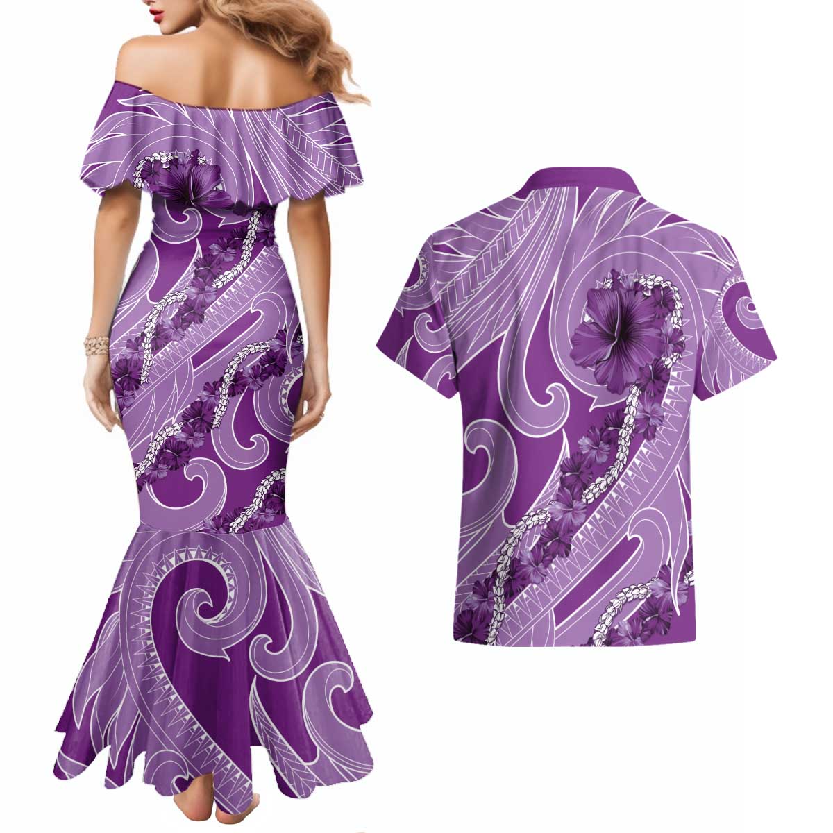 Hawaii Violet Hibiscus Pikake Lei Couples Matching Mermaid Dress and Hawaiian Shirt - Polynesian Pride