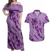 Hawaii Violet Hibiscus Pikake Lei Couples Matching Off Shoulder Maxi Dress and Hawaiian Shirt - Polynesian Pride