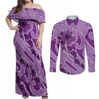 Hawaii Violet Hibiscus Pikake Lei Couples Matching Off Shoulder Maxi Dress and Long Sleeve Button Shirt - Polynesian Pride