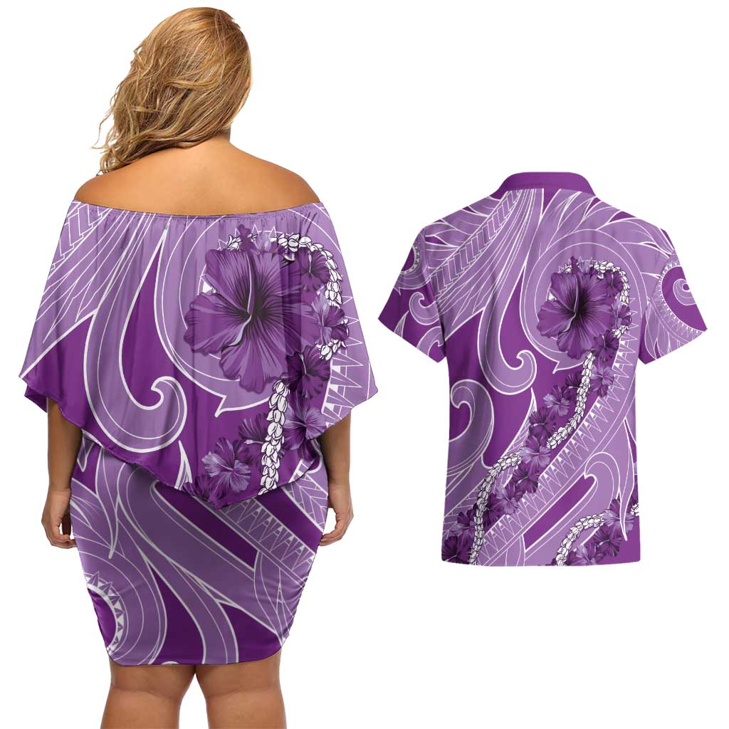 Hawaii Violet Hibiscus Pikake Lei Couples Matching Off Shoulder Short Dress and Hawaiian Shirt - Polynesian Pride