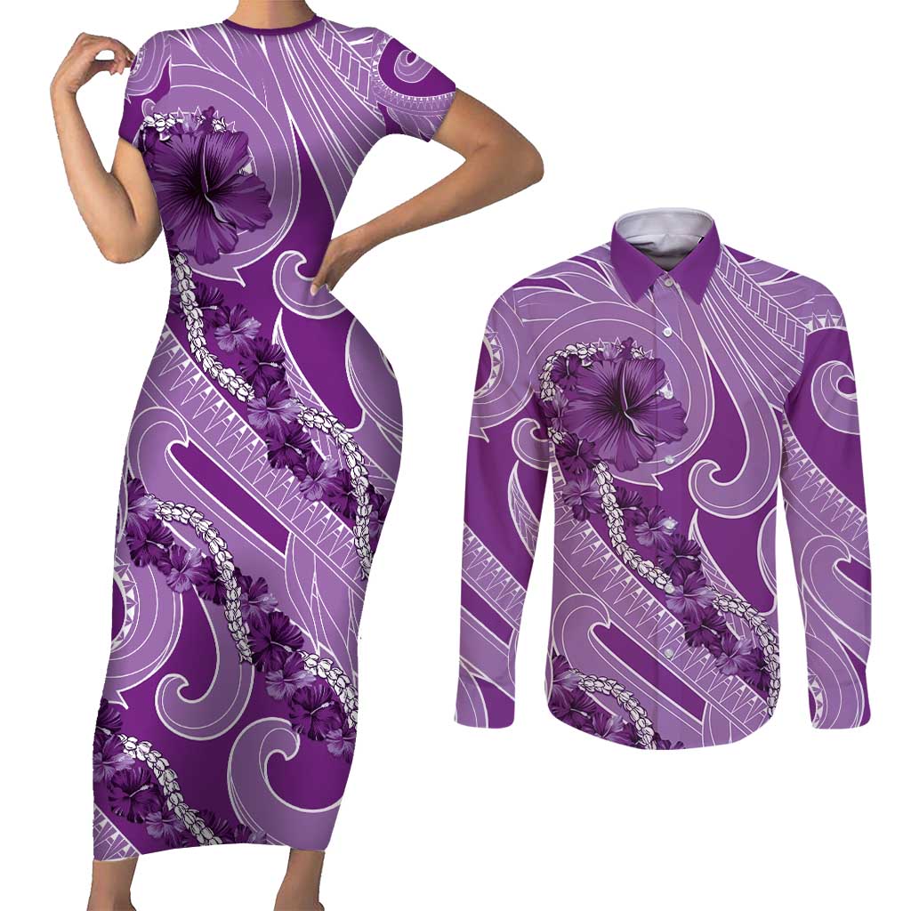 Hawaii Violet Hibiscus Pikake Lei Couples Matching Short Sleeve Bodycon Dress and Long Sleeve Button Shirt - Polynesian Pride