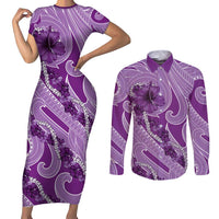 Hawaii Violet Hibiscus Pikake Lei Couples Matching Short Sleeve Bodycon Dress and Long Sleeve Button Shirt - Polynesian Pride