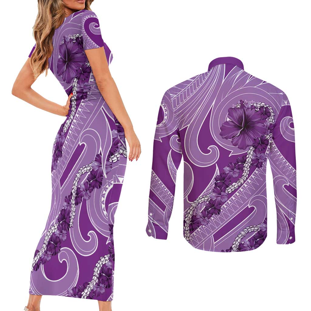 Hawaii Violet Hibiscus Pikake Lei Couples Matching Short Sleeve Bodycon Dress and Long Sleeve Button Shirt - Polynesian Pride