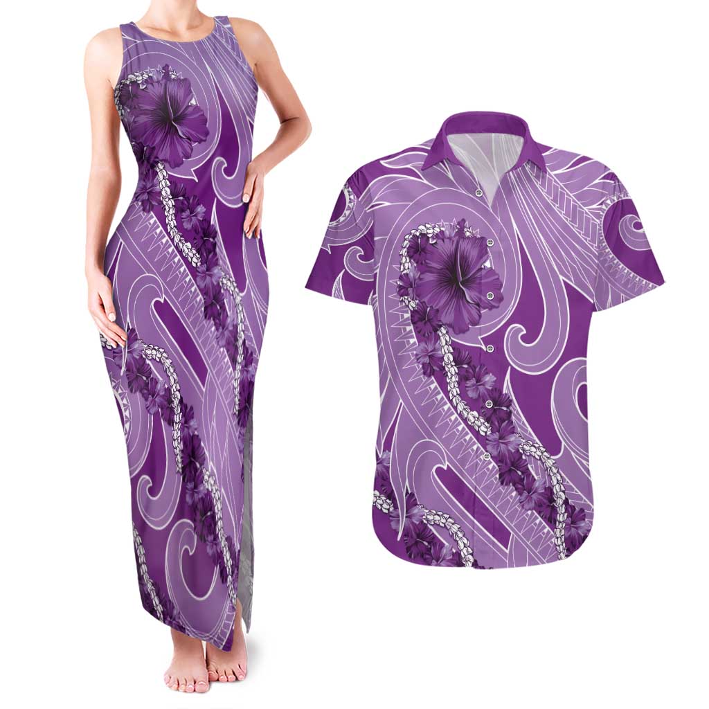 Hawaii Violet Hibiscus Pikake Lei Couples Matching Tank Maxi Dress and Hawaiian Shirt - Polynesian Pride